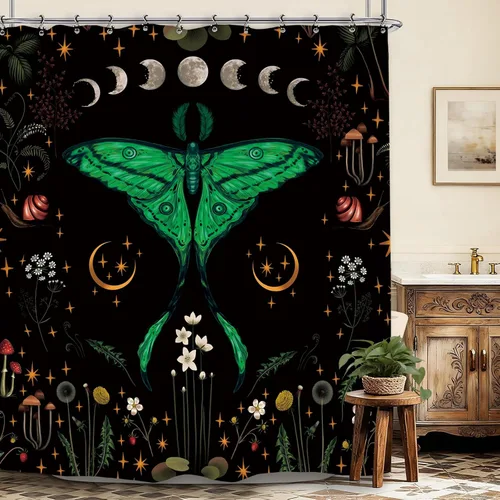 Vista 21 de Cortina de ducha gótica del zodiaco con fases lunares, constelación, astrología, galaxia, misteriosa, tarot, bruja, estética, 60 pulgadas de ancho