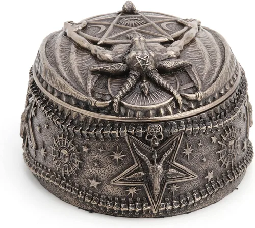 Vista 6 de Veronese Design Wiccan Pentagram Baphomet Oval en forma de caja de baratija Escultura de resina Acabado de bronce