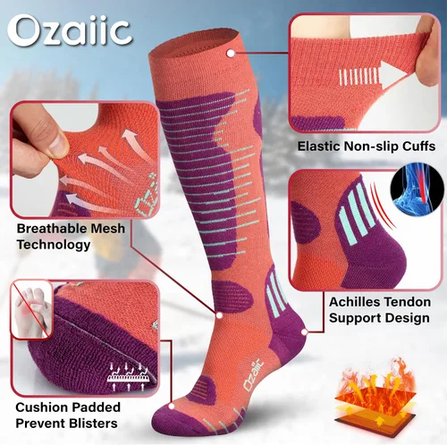 Vista 4 de Calcetines de esquí de lana merino para hombre y mujer, 2 pares para esquí, snowboard, térmicos hasta la rodilla, calcetines de rendimiento