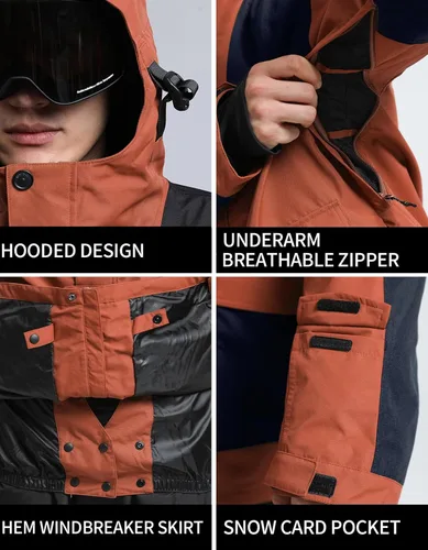 Vista 53 de GSOU SNOW Chaqueta de esquí para hombre, abrigo de nieve para snowboard, cálido, invierno, impermeable, con capucha