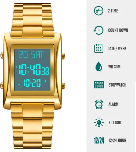 Vista 8 de RNONDRY Reloj digital para hombre y mujer, reloj rectangular de acero inoxidable para hombres, reloj de pulsera impermeable