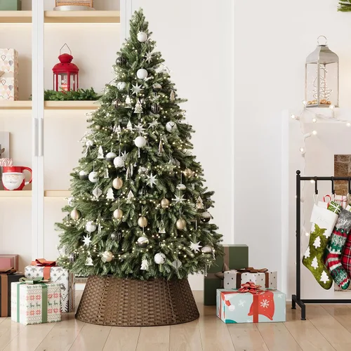 Vista 8 de Collar de mimbre para árbol de Navidad, cubierta de base de árbol PP marrón plano