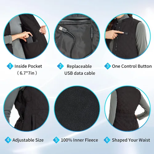 Vista 4 de duo-nattern Heated Vest For Women USB Rechargeable Washable Heated Vest Black Skiing Camping Hiking