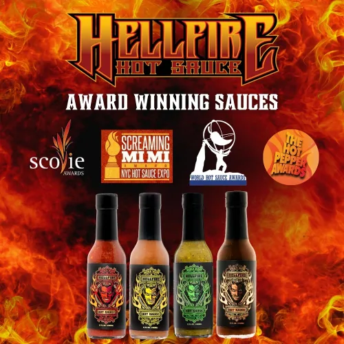 Vista 7 de Hellfire Hot Sauce Devil's Blend - Paquete de regalo de salsa picante gourmet con 4 sabores picantes (cuatro botellas de 5 onzas)