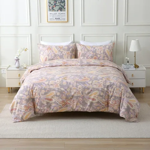 Vista 23 de ABREEZE Juego de ropa de cama de 3 piezas, estilo bohemio, retro, étnico, vintage, floral, ropa de cama bohemia, 100% algodón cepillado, damasco
