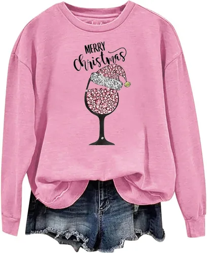Vista 4 de OSFVNOXV Sudaderas de Navidad para mujer, diseño de árbol de Navidad, reno, cuello redondo, estampado de letras, suéter casual, A#06rosa