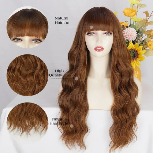 Vista 7 de Lativ Peluca castaña con flequillo para mujer, larga, ondulada, sintética Beginner Friendly,Natural Looking,Silky Smooth Texture,Heat Resistant