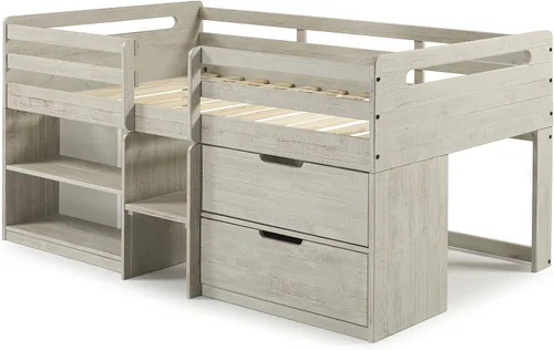 Vista 4 de Donco Kids Cama tipo loft baja individual con estantería y baúl de almacenamiento, individual, gris claro rústico