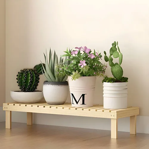 Vista 14 de Soporte rectangular para plantas de madera maciza de 1 nivel, 4 patas, flores, suculentas, rábano verde, de una sola capa, escalera de balcón Marrón