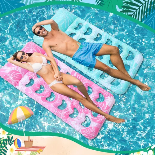 Vista 7 de Briwooody 2 unidades inflables para piscina, flotadores de piscina, balsas con reposacabezas, bronceado solar para adultos, hamaca de agua fría