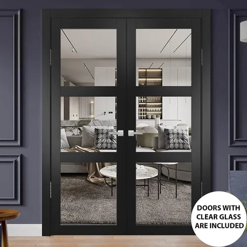 Vista 2 de SARTODOORS Lucia 2555 Puertas francesas interiores de doble oscilación con vidrio, madera maciza, accesorios incluidos, 60x84, negro, moderno