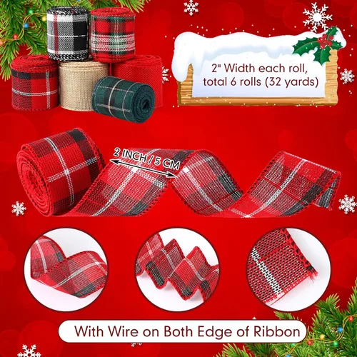 Vista 3 de 6 rollos de cintas navideñas con alambre de 32 yardas, cinta multicolor de búfalo a cuadros, cinta de arpillera con borde con alambre, cinta