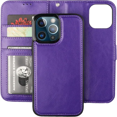 Vista 18 de Bocasal Funda tipo cartera desmontable para iPhone 13 Pro Max con bloqueo RFID, ranuras para tarjetas, soporte de cuero PU premium, soporte