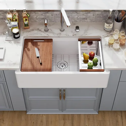 Vista 14 de Farm - Fregadero de cocina reversible con 24 unidades, color blanco, 24 x 18 pulgadas, delantal frontal de porcelana blanca, de cerámica y arcilla