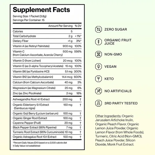 Vista 4 de Feel Goods Immunity+, apoyo inmunológico, hierbas orgánicas, 500 mg de vitamina C, paquetes de polvo cero azúcar, antioxidantes, zinc