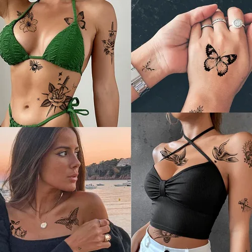 Vista 4 de Tazimi 8 hojas de tatuajes temporales grandes en negro para mujeres y niñas, tatuajes falsos realistas de mariposas, serpientes, abejas
