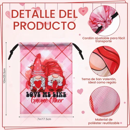 Vista 2 de Berlune 24 bolsas con cordón para el día de San Valentín, reutilizables a granel, bolsas de regalo de globos de gnomo de corazón rosa y rojo, 7 x 10