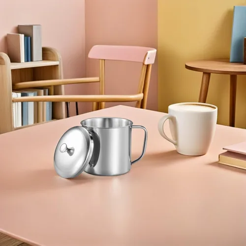 Vista 6 de Amosfun Taza de agua de acero inoxidable con tapa y asa de 4.33 x 3.14 pulgadas, taza de leche de metal para café, té, hogar, oficina, viajes