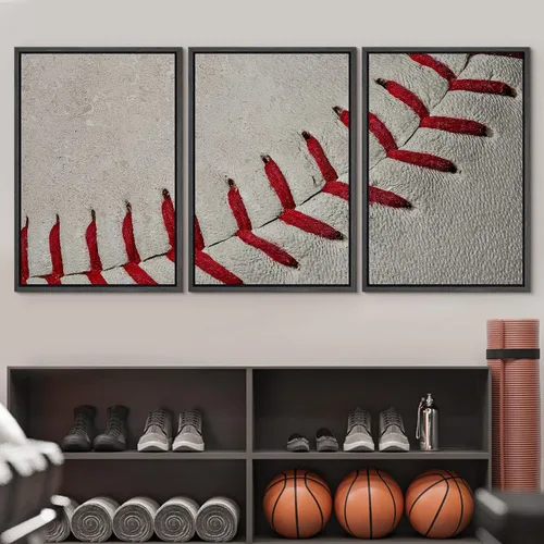 Vista 536 de wall26 Lienzo enmarcado para pared, juego de arte de primer plano, detalles de costuras de béisbol, atletas deportivos, fotografía, moderno