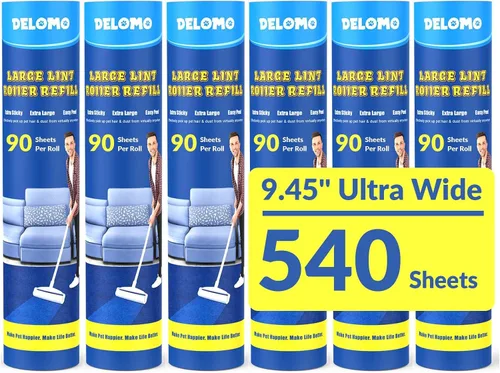 Vista 12 de Rodillos de pelusa grandes para alfombras, rodillos adhesivos para piso DELOMO de 9.45 pulgadas con 3 mangos extensibles, trapeador adhesivo
