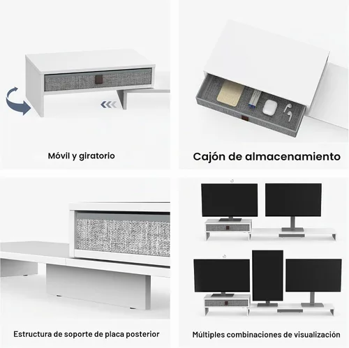 Vista 3 de Fenge Soporte elevador para monitor de computadora con cajón para 2 o 3 monitores, longitud y ángulo ajustables, soporte de computadora portátil
