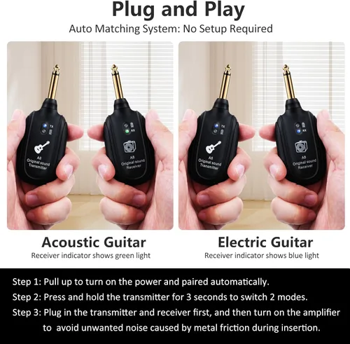 Vista 5 de Sistema de guitarra inalámbrico A8 UHF, 2 modos, batería recargable de litio, rango de 100 pies, Plug & Play para guitarra, bajo, violín, teclado