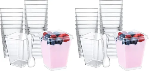 Vista 15 de SHOPDAY Vasos de postre de plástico de 5 oz: paquete de 30 vasos cuadrados transparentes con cucharas, pequeños vasos de parfait, mini vasos
