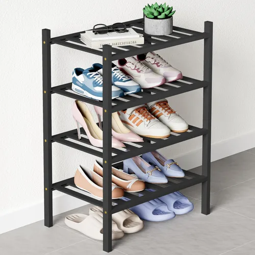 Vista 90 de Smiry Zapatero de bambú para armario, organizador de zapatos de madera de 3 niveles, estante apilable de almacenamiento de zapatos de madera