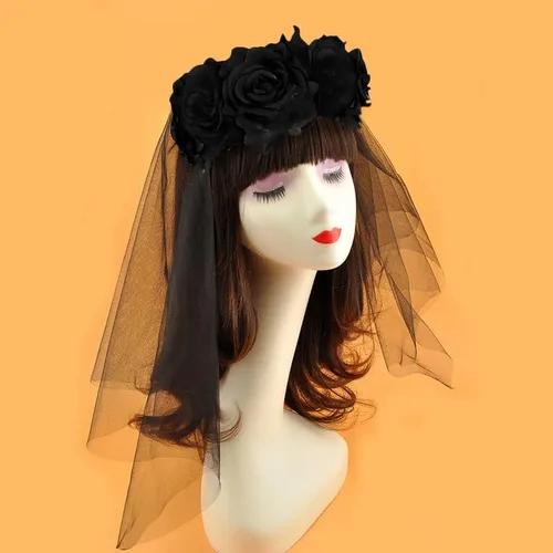 Vista 4 de HAOZAIKEJI Halloween Fantasma Novia Velo Floral Corona Tocado Muerto Zombie Headwear Bruja Negro Encaje Corona Fiesta Fantasía