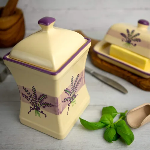 Vista 5 de City to Cottage Juego de 3 tarros de almacenamiento de cocina de cerámica con patrón de lavanda morado y crema hecho a mano, 31.5 onzas / 30.4 fl