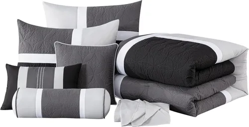 Vista 9 de Chezmoi Collection Upland - Juego de edredón acolchado de retazos de 7 piezas, negro/gris/gris claro, Full