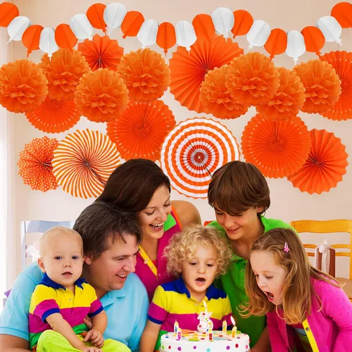 Vista 6 de Decoraciones de fiesta de color naranja, guirnaldas para fanáticos de Papar, pompones para Halloween, cumpleaños, novia, baby shower, boda