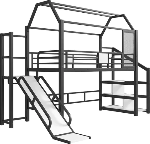 Vista 6 de Bellemave Cama Loft de Metal Tipo Casa Tamaño Twin con Tobogán y Escaleras, Marco de Cama Loft Casa de Juegos de Servicio Pesado con Estantes