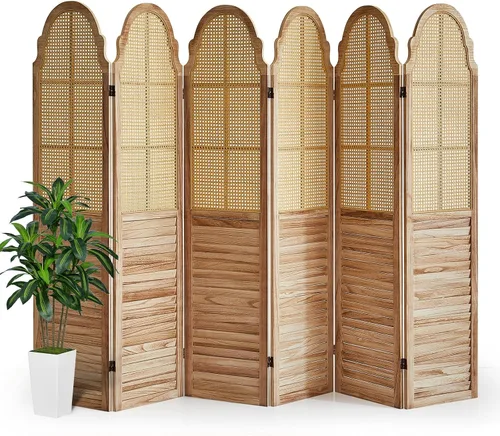 Vista 9 de Divisor de habitación de madera de 4 paneles, pantalla de privacidad plegable, pared divisora de habitación de ratán, pared divisora de madera