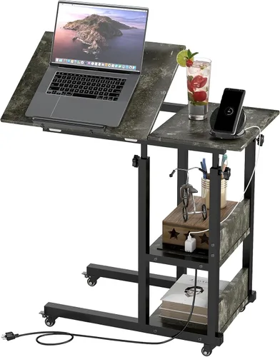 Vista 15 de Hadulcet Mesa C Ajustable con Estación de Carga, Escritorio Inclinable Mesa Auxiliar en Forma de C para Sofá, Soporte sobre Cama con Ruedas