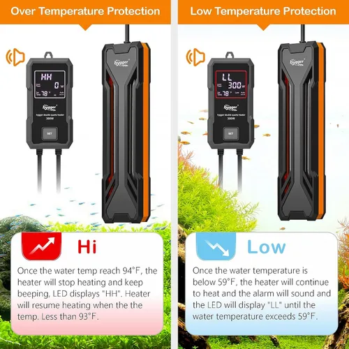 Vista 3 de hygger Calentador para Acuarios 300W/500W/800W/1000W, Calentador Sumergible para Tanque de Peces con Controlador LED Digital y Sistema Inteligente