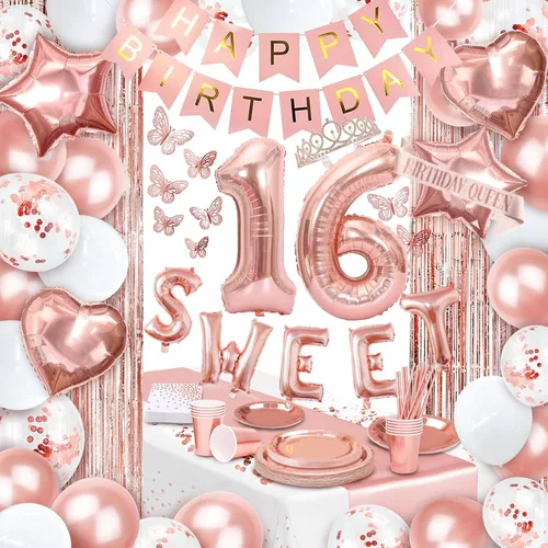 Vista 7 de 253 decoraciones de cumpleaños para mujer, decoraciones de fiesta de oro rosa, decoraciones de feliz cumpleaños, kit de soporte para globos, kit