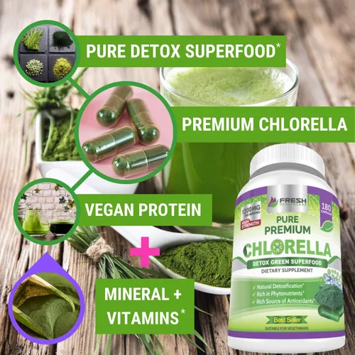 Vista 3 de FRESH HEALTHCARE Suplemento prémium de Chlorella, cápsulas de polvo vegano puro de 1200 mg, 180 pastillas de clorofila y CFG, superalimento natural