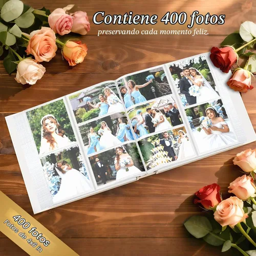 Vista 4 de Álbum de fotos de boda de 4 x 6 pulgadas con 400 bolsillos, libro de recuerdos de cuero beige grabado personalizado para compromiso, despedida
