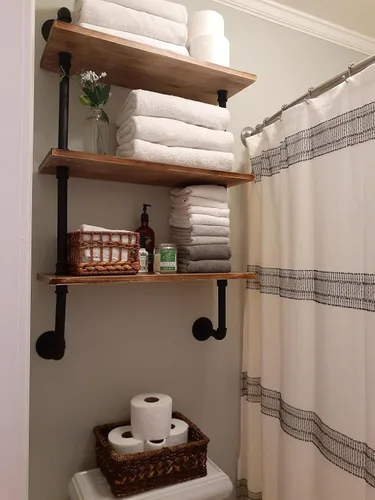 Vista 10 de ROGMARS - Estantería industrial de tuberías para baño, estantes flotantes negros de 24 pulgadas para baño con toallero y ganchos, estantes montados