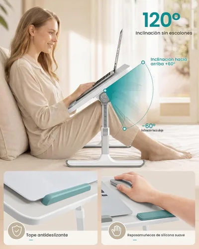 Vista 3 de SONGMICS Escritorio de cama para laptop, escritorio de regazo ajustable Gris