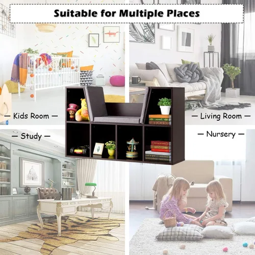 Vista 4 de HONEY JOY Organizador de rincón de lectura con cojín de asiento, estantería para niños con rincón de lectura, estante de almacenamiento de esquina