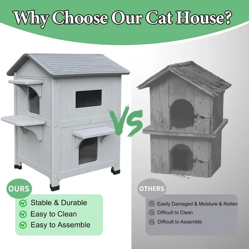 Vista 2 de Casa para gatos al aire libre, resistente a la intemperie, casas de plástico para gatos con puerta de escape, 2 pisos para interiores, impermeable