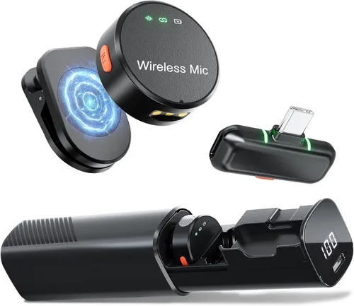 Vista 8 de BILIWAL Micrófono Lavalier inalámbrico para iPhone 15/16 y Android y PC, micrófono magnético de solapa con clip con cancelación de ruido de 2.4G