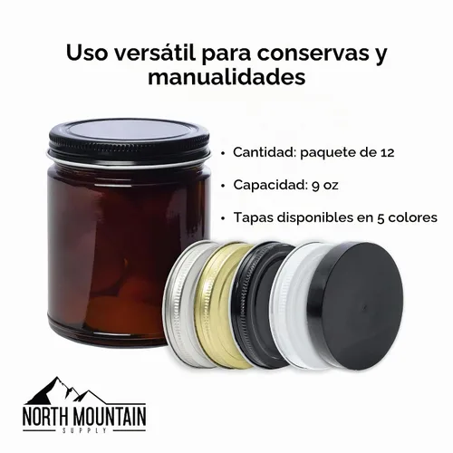 Vista 3 de North Mountain Supply - Tarros de vidrio ámbar de 9 onzas, con tapas de metal dorado de 70 mm, lados rectos - Caja de 12