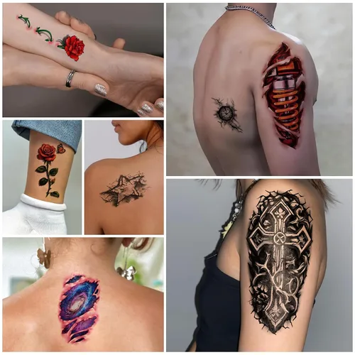 Vista 7 de 77 hojas de tatuajes temporales realistas en 3D para adultos y niños, cráneo, tigre, lobo, león, dragón, araña, serpiente, tatuajes temporales
