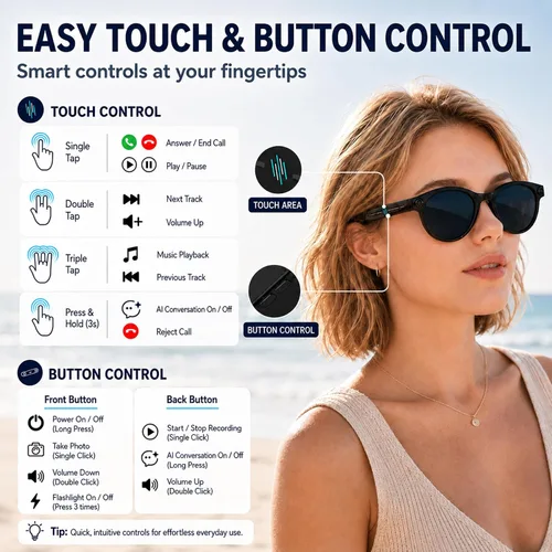 Vista 6 de Gafas Inteligentes con Cámara, Gafas AI, Gafas Bluetooth, Lentes Reemplazables, Batería de 48H para Viajes, Conferencias y Vlogging. Traducción