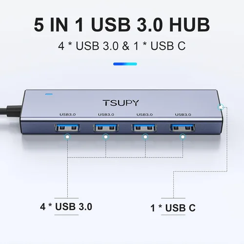 Vista 3 de Hub USB 3.0, divisor USB TSUPY con 5 puertos USB y cable extendido de 4 pies, concentrador de datos de aluminio ultrafino, adaptador multi USB 3.0