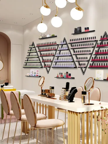 Vista 7 de Lorvain - 10 estantes de almacenamiento de esmalte de uñas de metal para montaje en pared, 5 niveles, color negro, triangular, vitrina