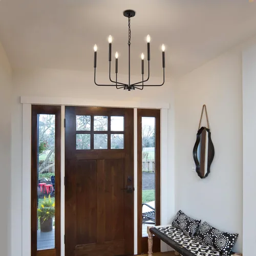 Vista 8 de Lámpara de araña negra, moderna lámpara de comedor de granja de 6 luces con cadena, accesorios de iluminación colgantes de metal, luces de comedor